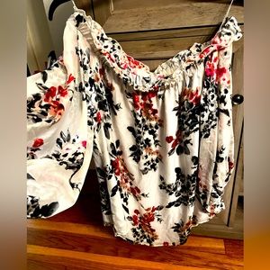 White House Black Market Off Shoulder Top Gray Floral 3/4 Sleeve Blouse S Boho